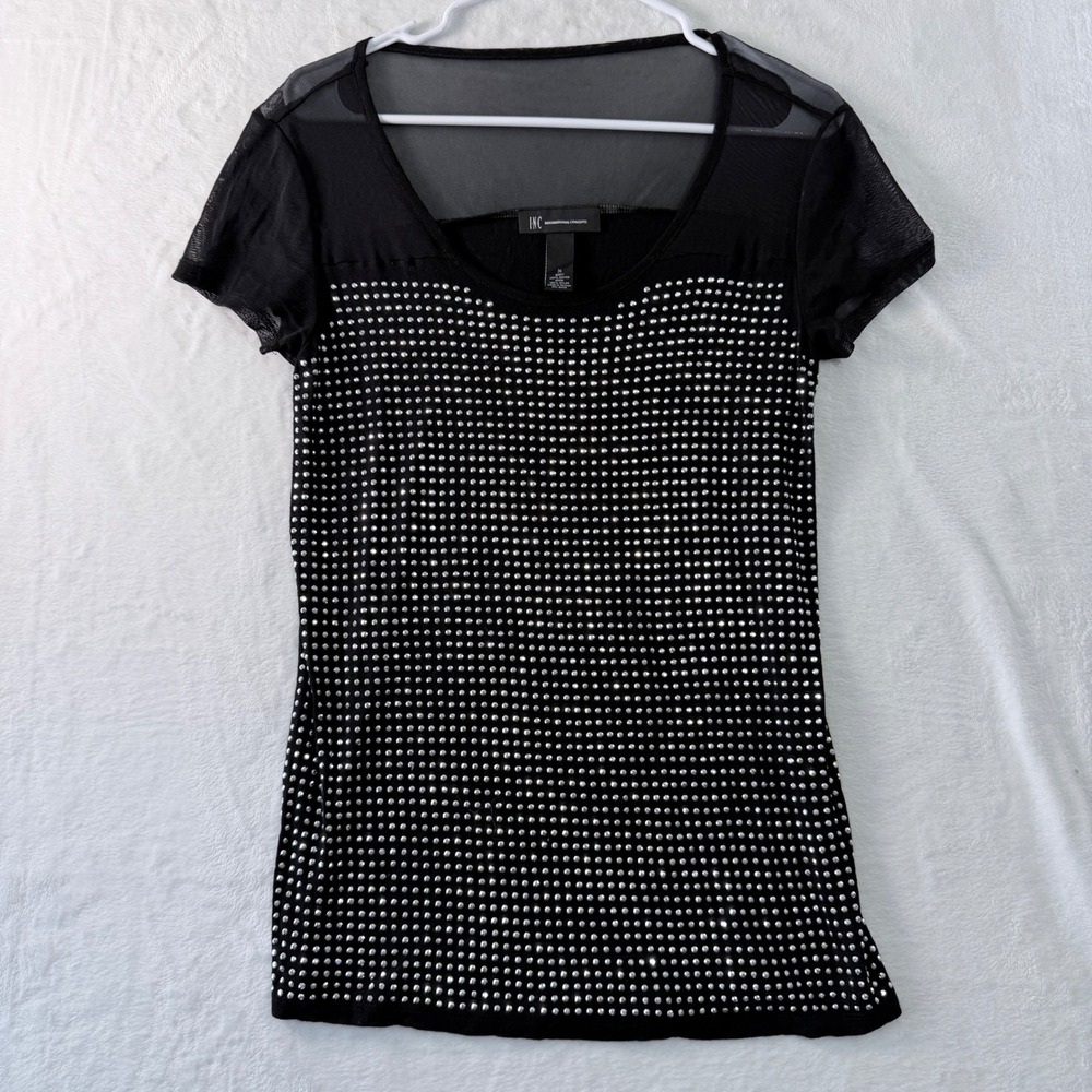 Black Rhinestone Studded Top Womens Medium Mesh Y2K Party Club Glam